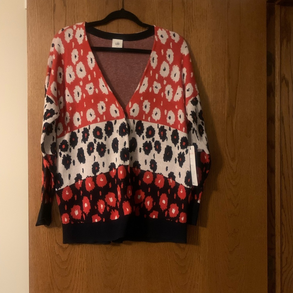CAbi Red and Black Cardigan Sweater with Distinctive Pattern